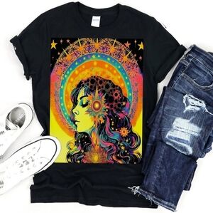 Art Nouveau Neon Star Girl Shirt 🌛Bright Mystical Tee🌜 Trippy Colorful Magic